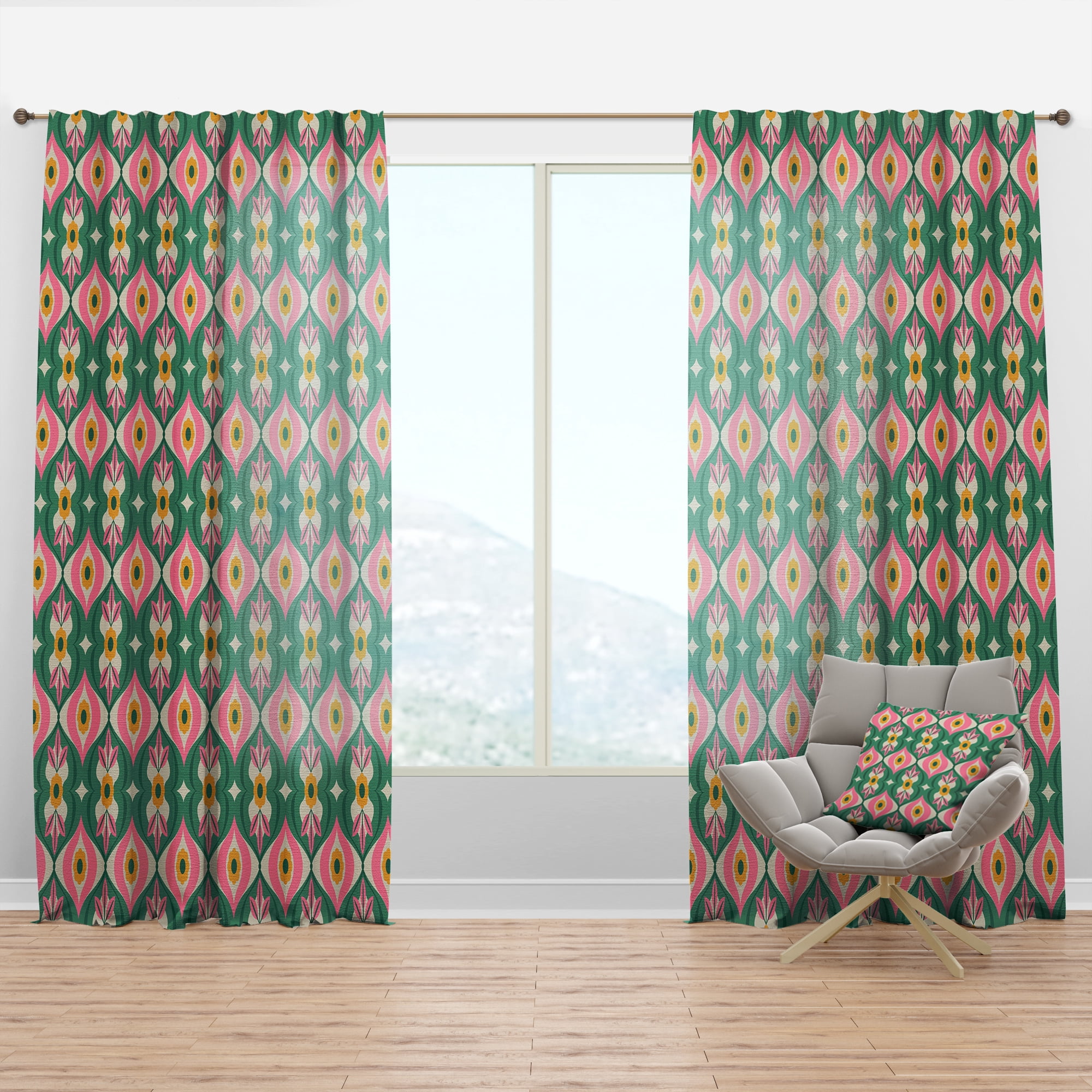 Designart 'Flowers and Leaves With Retro Pattern' Mid-Century Modern Curtain Panel