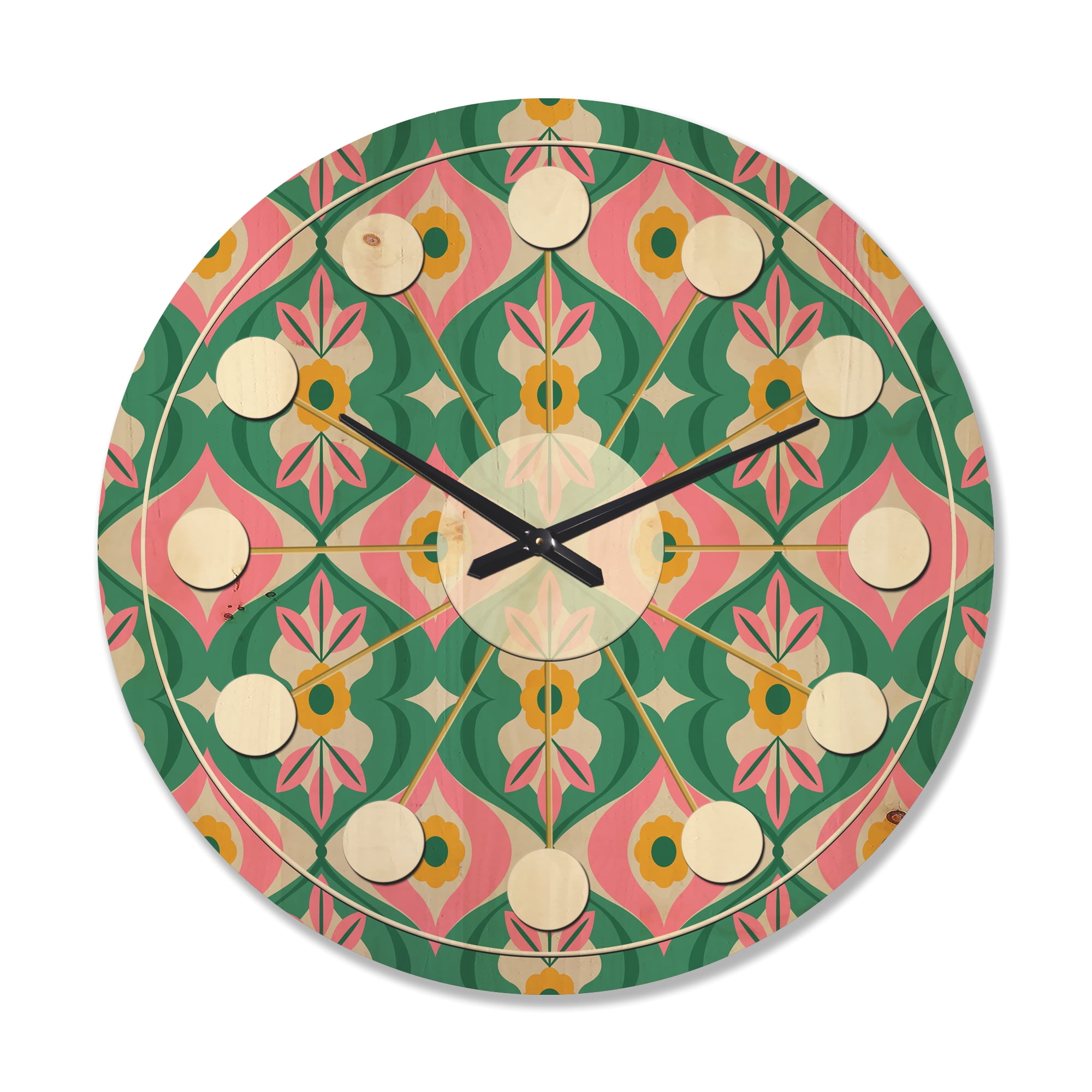 Designart 'Flowers and Leaves With Retro Pattern' Mid-Century Modern Wood Wall Clock
