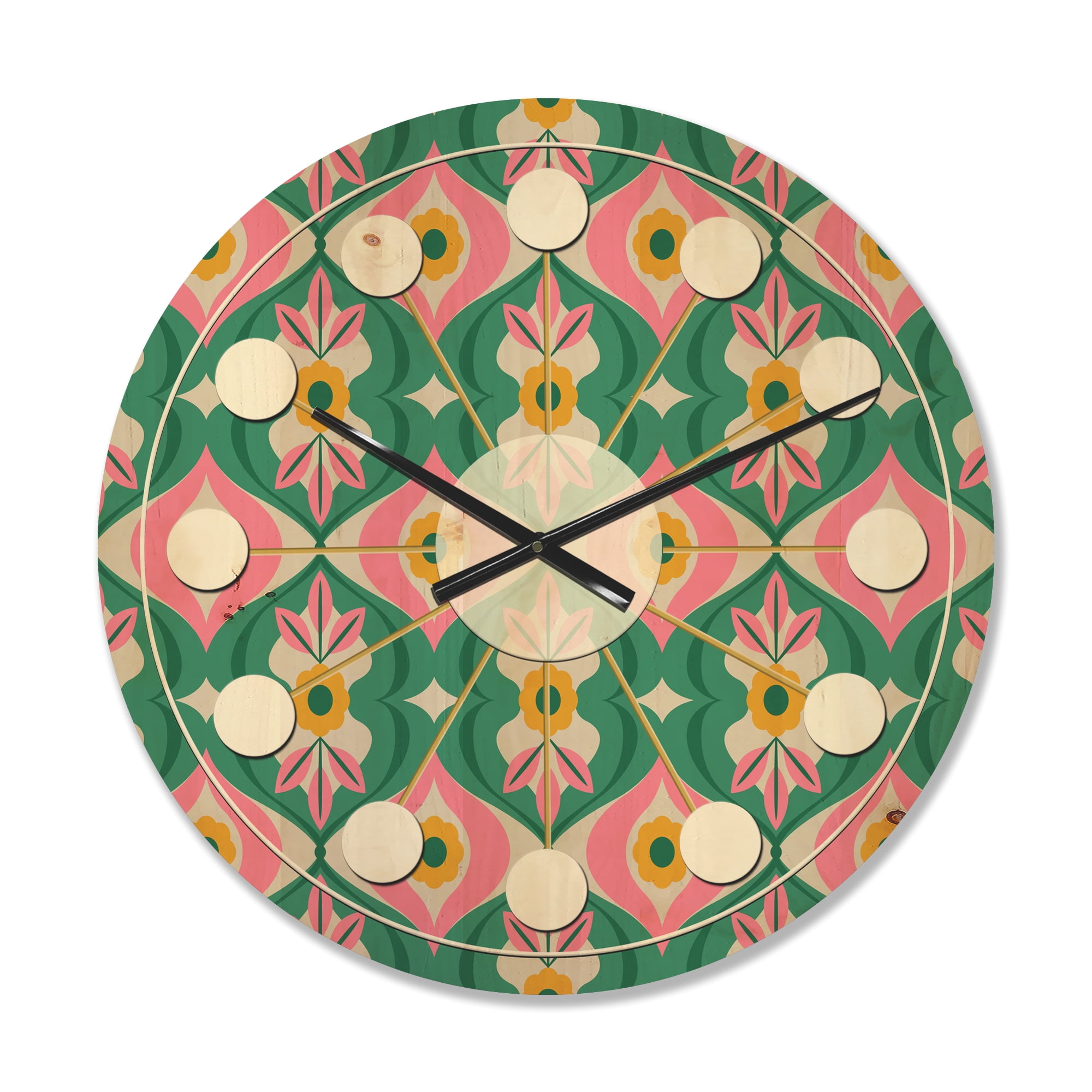 Designart 'Flowers and Leaves With Retro Pattern' Mid-Century Modern Wood Wall Clock