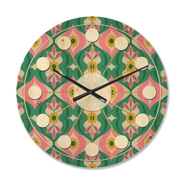 Designart 'Flowers and Leaves With Retro Pattern' Mid-Century Modern Wood Wall Clock