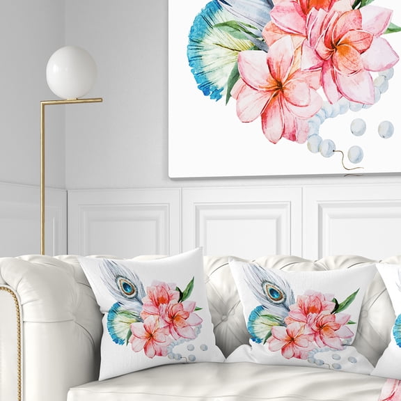 Designart Flowers and Peacock Feather - Floral Throw Pillow - 18x18