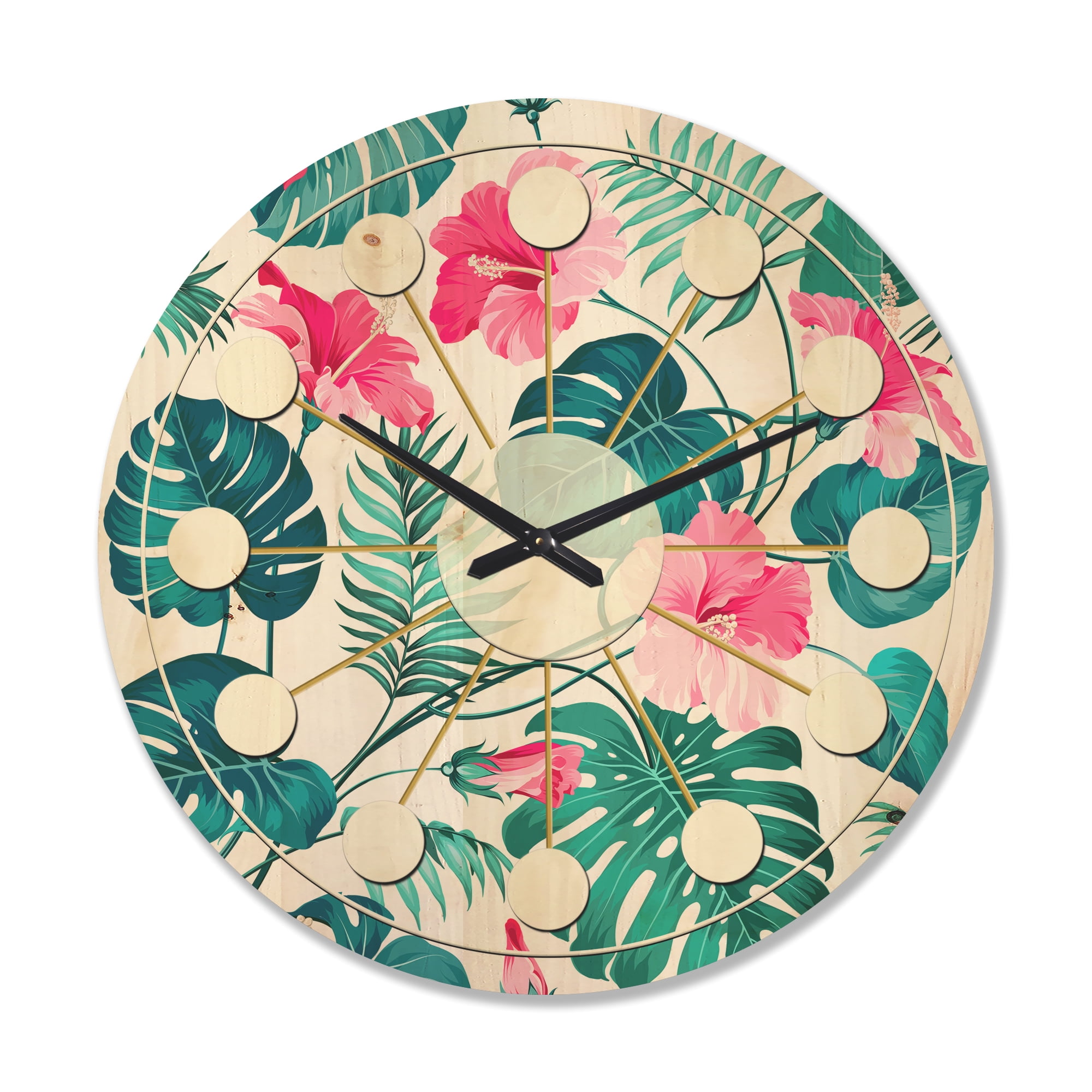 Designart 'Flowers and Tropical Botanicals I' Mid-Century Modern Wood Wall Clock