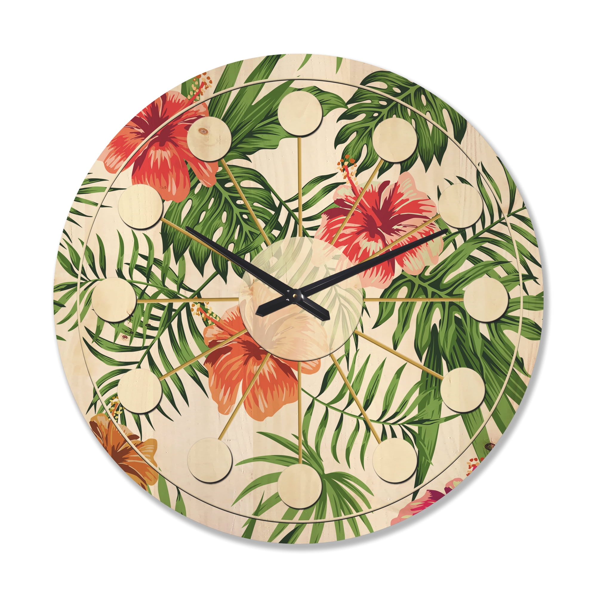 Designart 'Flowers and Tropical Botanicals II' Mid-Century Modern Wood Wall Clock