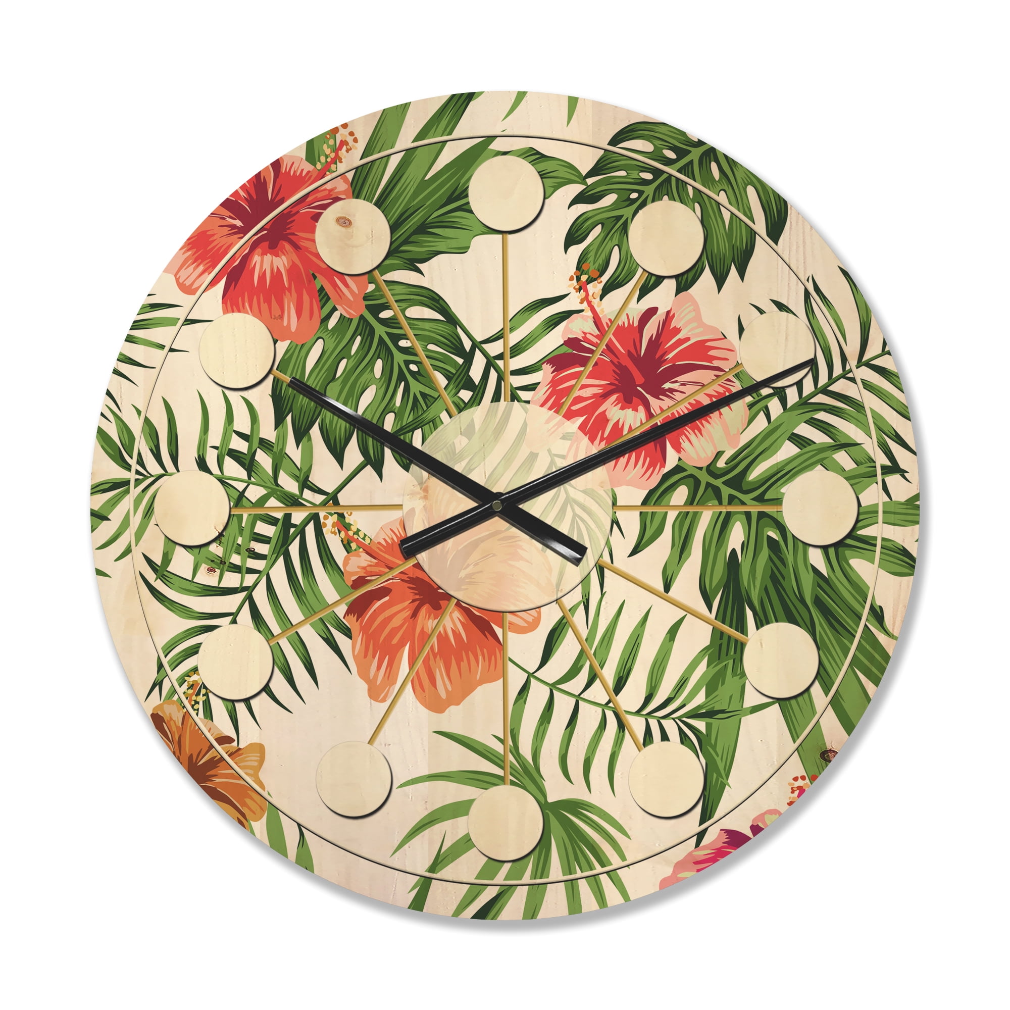 Designart 'Flowers and Tropical Botanicals II' Mid-Century Modern Wood Wall Clock