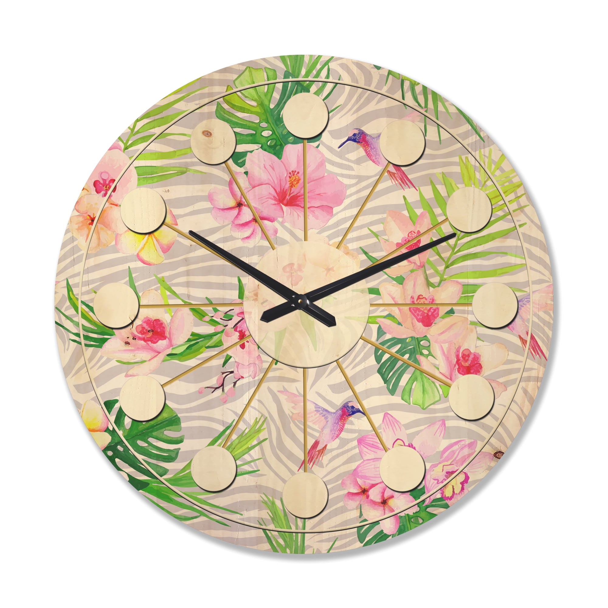 Designart 'Flowers and Tropical Botanicals III' Mid-Century Modern Wood Wall Clock