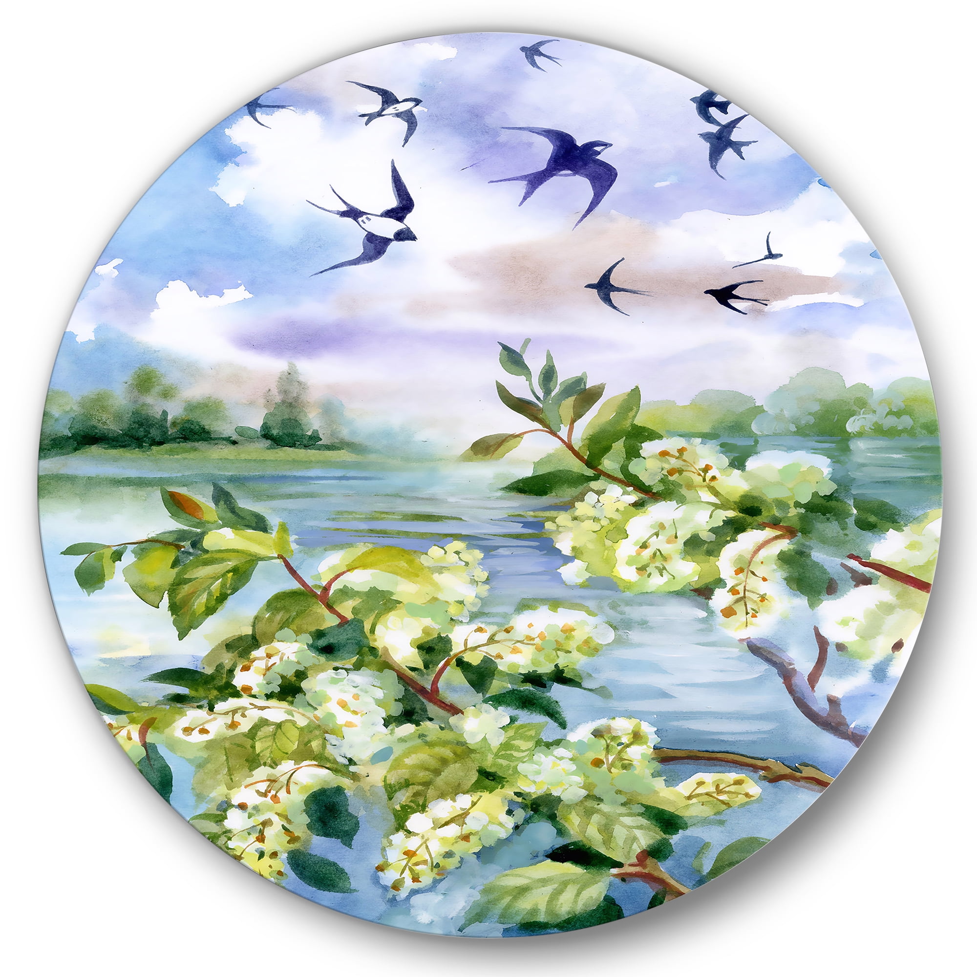 Designart 'Flowers of The Cherry Blossoms On A Spring Day Landscape' Traditional Circle Metal Wall Art 29x29 - Disc of 29