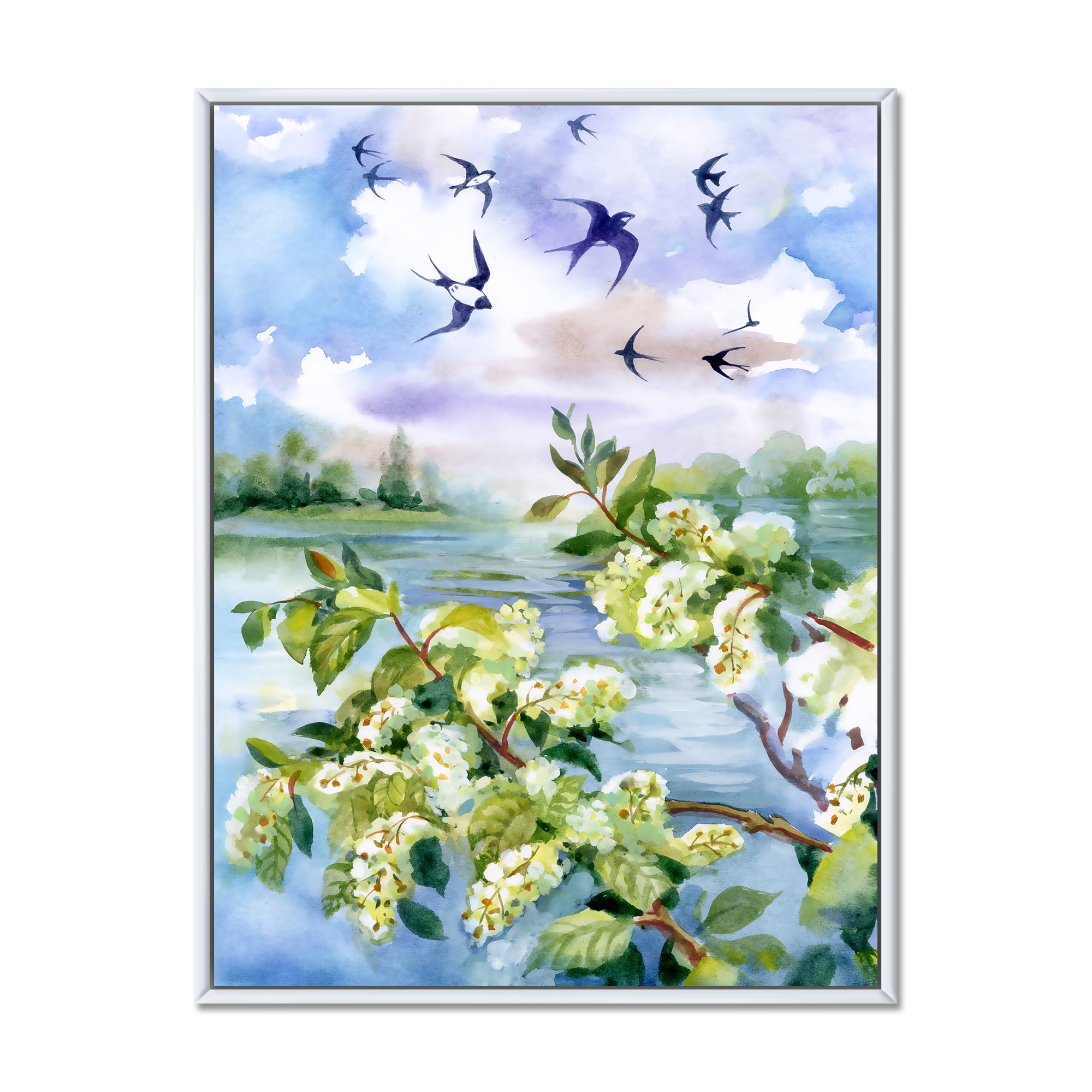 Designart 'Flowers of The Cherry Blossoms On A Spring Day Landscape' Traditional Framed Canvas Wall Art Print