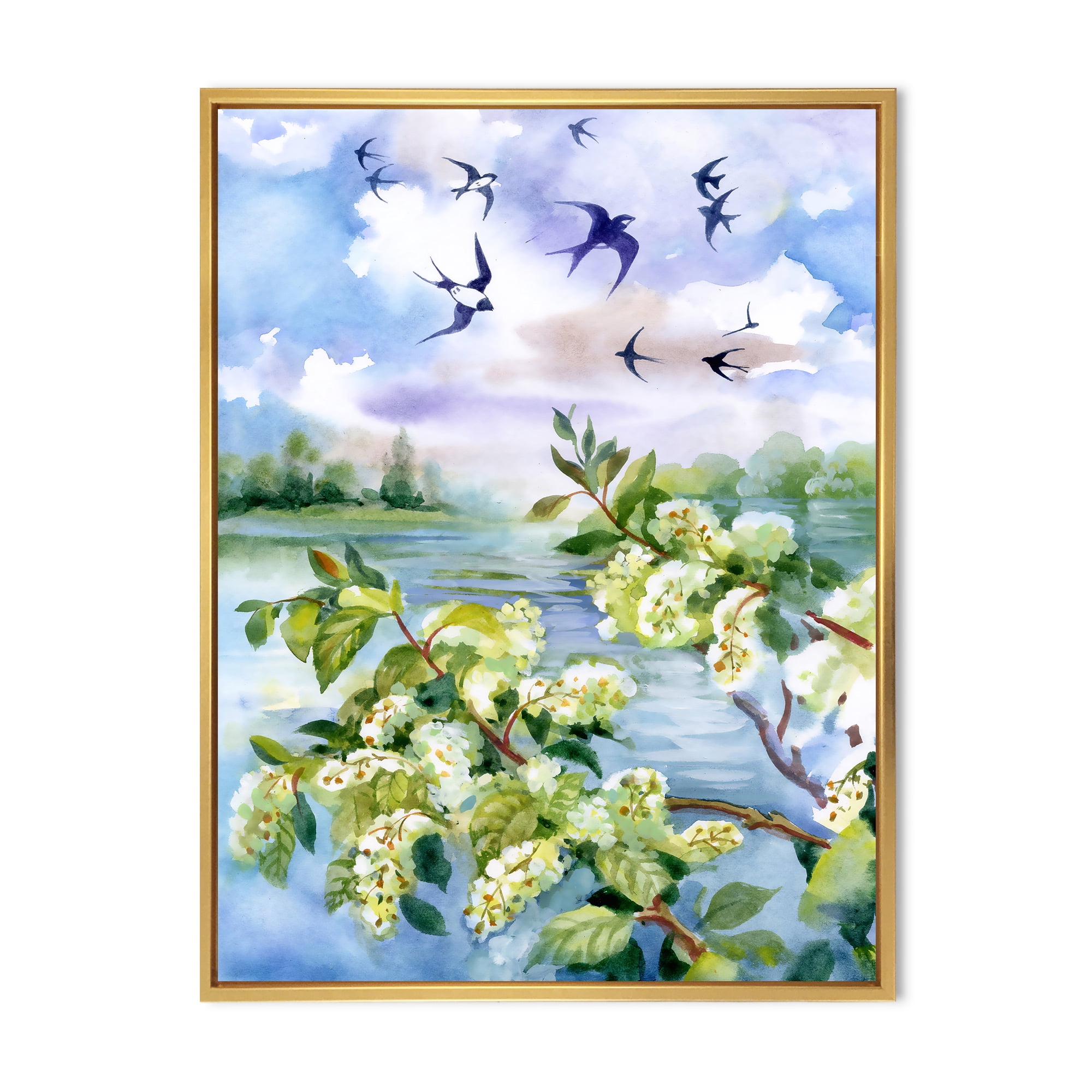 Designart 'Flowers of The Cherry Blossoms On A Spring Day Landscape' Traditional Framed Canvas Wall Art Print