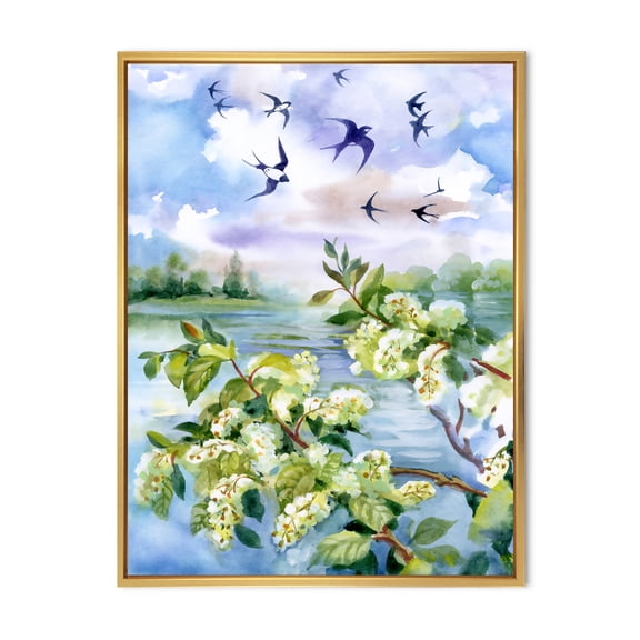 Designart 'Flowers of The Cherry Blossoms On A Spring Day Landscape' Traditional Framed Canvas Wall Art Print
