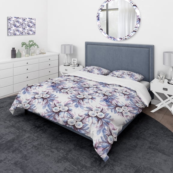 Designart 'Flowery Purple in White Background' Traditional Duvet Cover Set