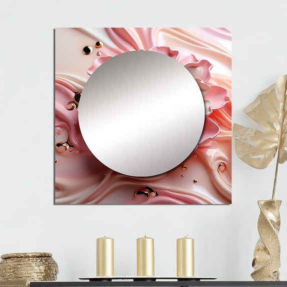 Designart "Flowing Blossom Art Gentle White And Soft Blush III" Abstract Shapes Pink Large Square Mirror - Square Bedroom Mirror Printed Wall Decor - Transitional Square Printed Wall Mirror Art