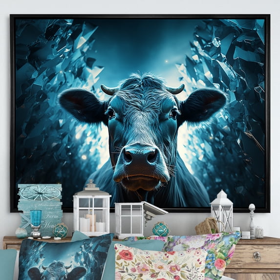 Designart "Flowing Blue Cow Portrait" Animals Cow Floater Framed Canvas Art Print