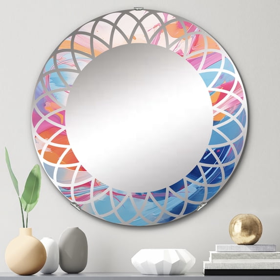 Designart "Flowing Colors Pink and Blue Rhythm II" Abstract Round Wall Mirror - Abstract Oval Mirror