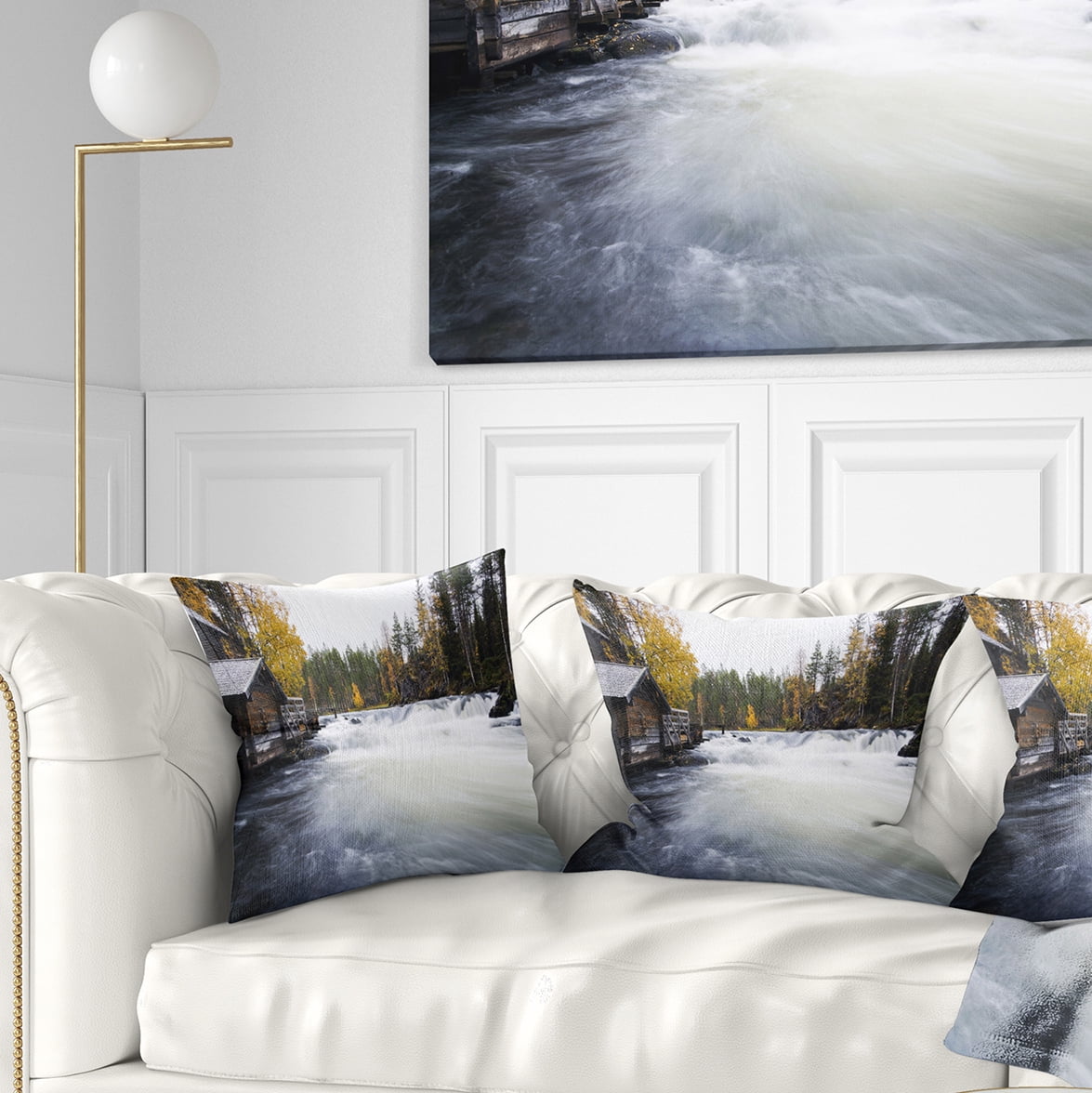 Designart Flowing River and Aged Watermill - Landscape Photography Throw Pillow - 16x16