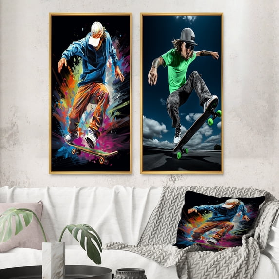 Designart "Flowing Through the Urban on a Skateboard III" Skateboard Framed Wall Art Set Of 2 - Multi-Color Transportation Framed Wall Art Set Of 2
