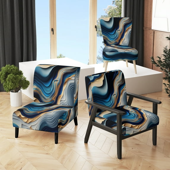 Designart "Flowing Vibrant Blue and Gold Art II" Blue Modern Upholstered Accent Chair - Modern Arm Chair For Bedroom