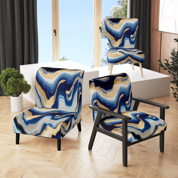 Designart "Flowing Vibrant Blue and Gold Art IV" Blue Modern Upholstered Accent Chair - Modern Arm Chair For Living Room