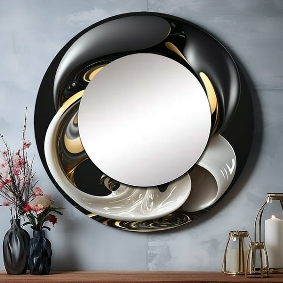 Designart "Flowing White Stained Glass I" Abstract Rund Mirror For Wall Decor - Large Gold Round Print Mirror - Round Modern Mirror - Wall Mounted Round Large Mirror - 29" x 29"