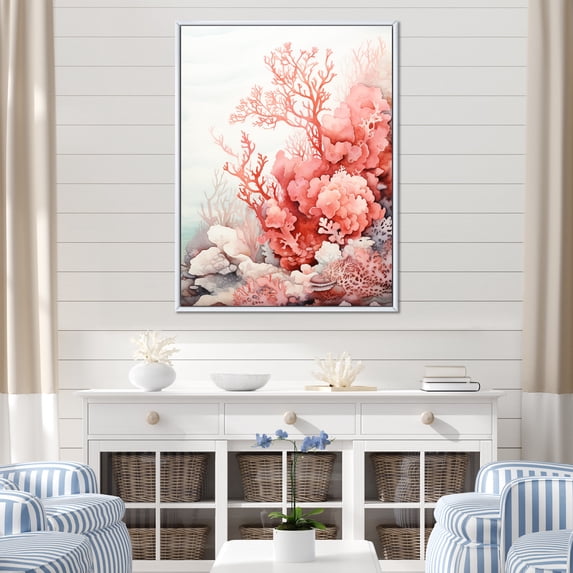 Designart "Fluid Art Red Coral" Coastal Coral Under Water Floater Framed Canvas Art Print