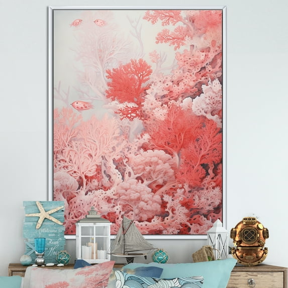 Designart "Fluid Art Red Coral I" Coastal Coral Under Water Floater Framed Wall Art Prints