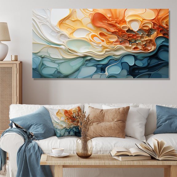 Designart "Fluid Cascade in Blue and Orange Ink" Extra Large Abstract Wall Art - Modern Colorful Abstract Liquid Ink Bedroom Canvas Wall Art