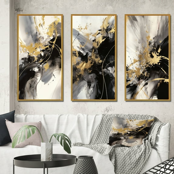 Designart "Fluid Fusion in Gold and Grey III" Abstract Framed Wall Art Set Of 3 - Gold Abstract Frame Gallery Set For Office Decor