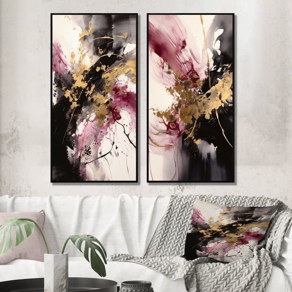 Designart "Fluid Fusion in Gold and Pink II" Abstract Framed Wall Art Set Of 2 - Gold Abstract Framed Wall Art Set Of 2