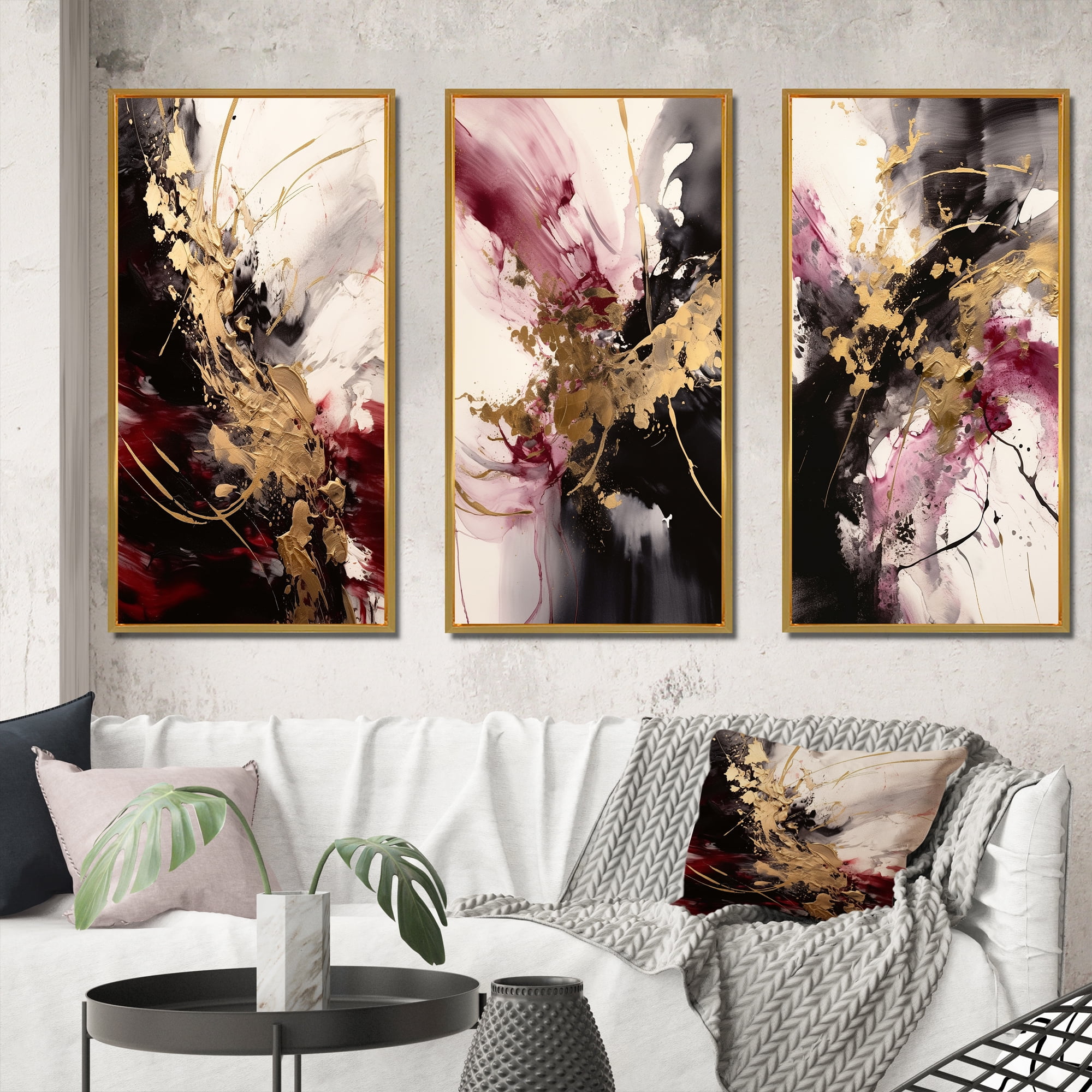 Gold and Red Abstract Canvas Art Set with Gold Frames