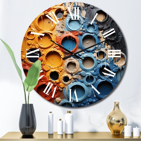 Designart "Fluid Movements Orange Blue Abstraction" Abstract Shapes Oversized Wall Clock