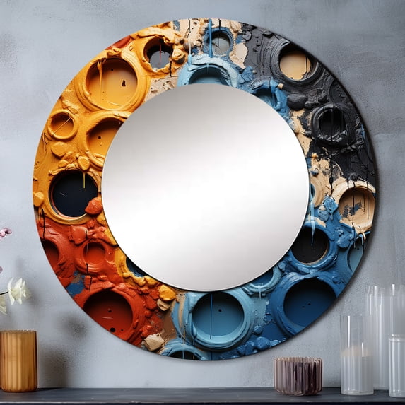 Designart "Fluid Movements Orange Blue Abstraction" Abstract Shapes Rund Mirror For Wall Decor - Large Orange Round Print Mirror - Round Modern Mirror 29" x 29" Inch - Wall Mounted Round Large Mirror