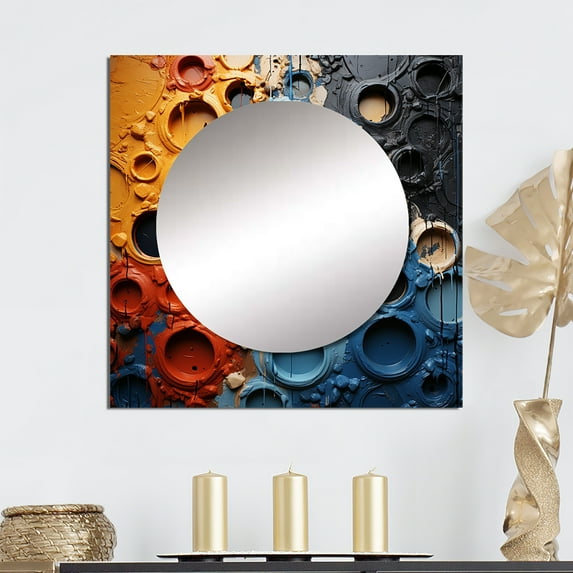Designart "Fluid Movements Orange Blue Abstraction" Abstract Shapes Square Mirror For Wall Decor - Large Orange Square Printed Wall Mirror Art - Wall Mounted Square Large Mirror