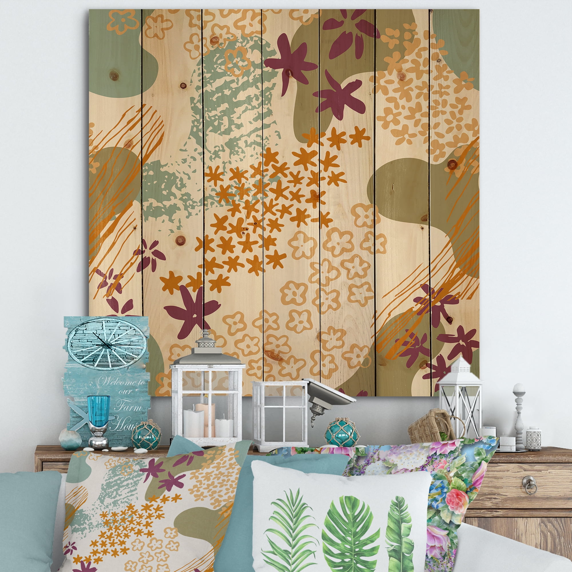 Designart 'Fluid Shapes and Flowers Silhouettes' Modern Print on Natural Pine Wood