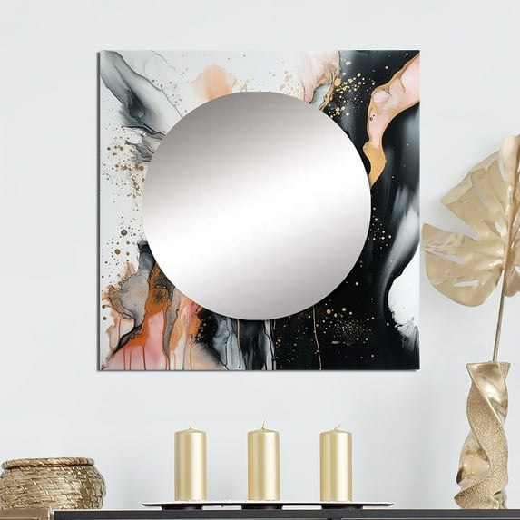 Designart "Fluid Stone in Black and Gold" Abstract Marble Square Mirror For Wall Decor - Large Black Square Mirror Printed Wall Decor - Modern Square Living Room Mirror
