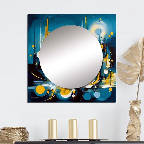 Designart "Fluid Stone Blue and Yellow II" Abstract Marble Square Mirror Wall Decor Modern - Large Blue Square Bathroom Mirror - Square Printed Wall Mirror Art