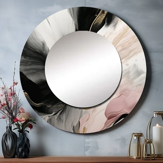 Designart "Fluid Stone in Pink and Gold" Abstract Marble Rund Mirror For Wall Decor - Large Pink Round Print Mirror - Round Modern Mirror - Wall Mounted Round Large Mirror - 23" x 23"