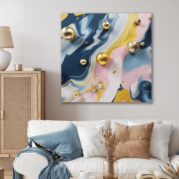 Designart "Fluid Stone Yellow and Blue V" Abstract Marble Metal Art Living Room