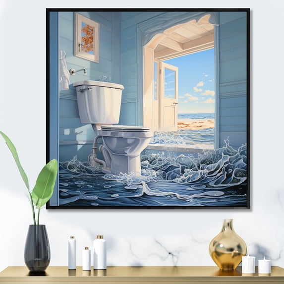 Designart "Fluid Toilet Oceanic Escape II" Bath & Laundry Floater Framed Wall Art Living Room