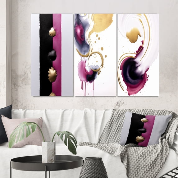 Designart "Fluidity Exquisite Black and Gold Ink Clouds II" Abstract Painting Wall Art Set Of 3 - Modern Pink Gallery Set For Office Decor