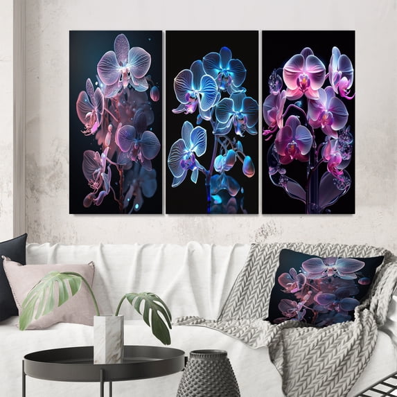 Designart "Fluorescent Orchid Blooming in Purple and Blue I" Floral Orchid Wall Art Set Of 3 - Traditional Blue Gallery Set For Office Decor
