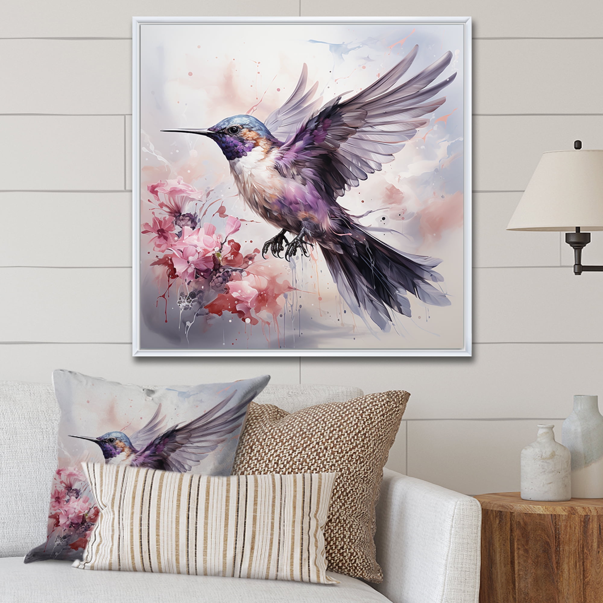 Designart "Fluttering Hummingbird Blooms in Grey III" Animals Framed
