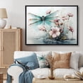 thumbnail image 1 of Designart "Flying Dragonfly Amid Green and Pink Flowers by the Pond" Animals Framed Wall Art - Modern Green Insects & Bugs Living Room Framed Canvas Art, 1 of 6