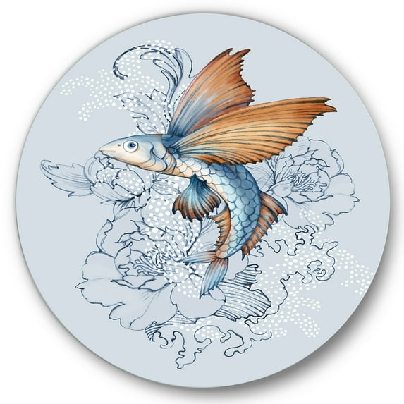 Designart 'Flying Fish and Peonies' Traditional Circle Metal Wall Art 29x29 - Disc of 29