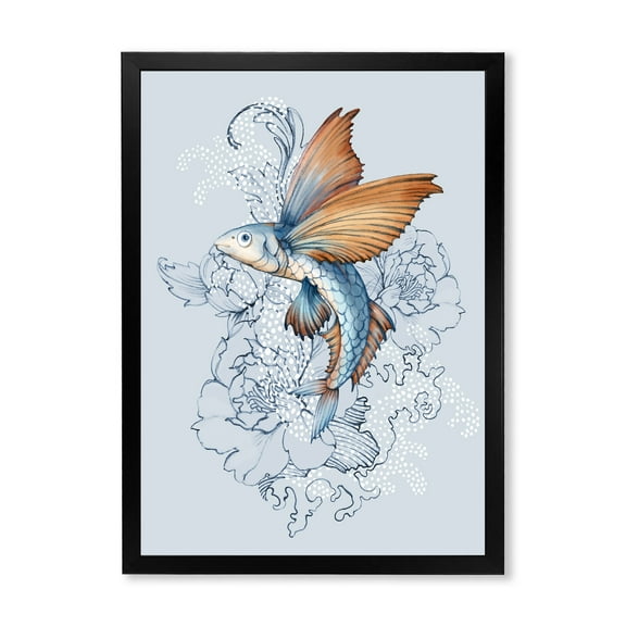 Designart 'Flying Fish and Peonies' Traditional Framed Art Print