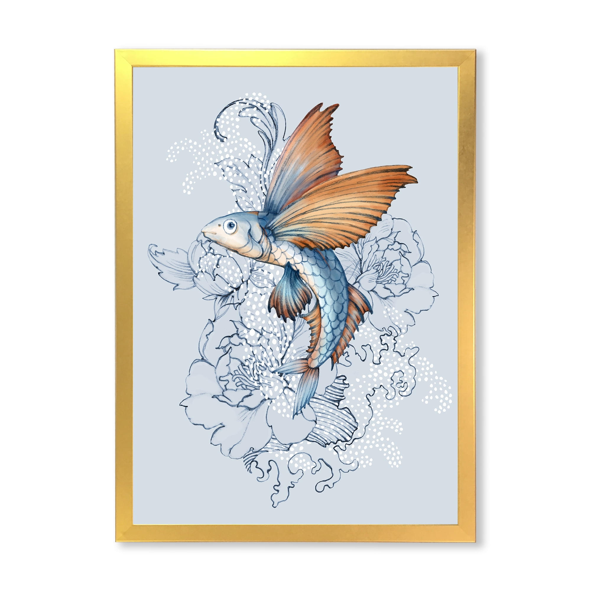 Designart 'Flying Fish and Peonies' Traditional Framed Art Print