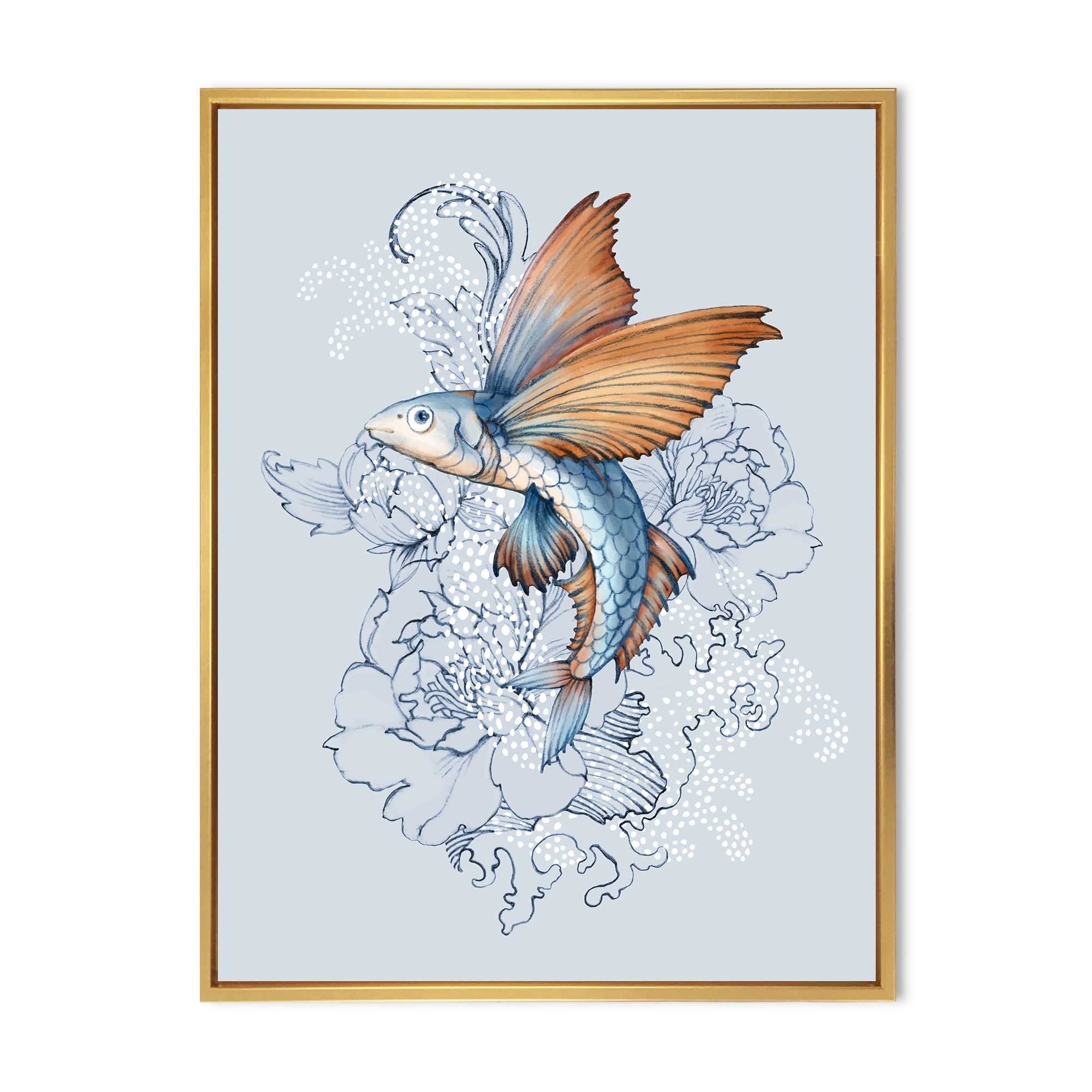 Designart 'Flying Fish and Peonies' Traditional Framed Canvas Wall Art Print