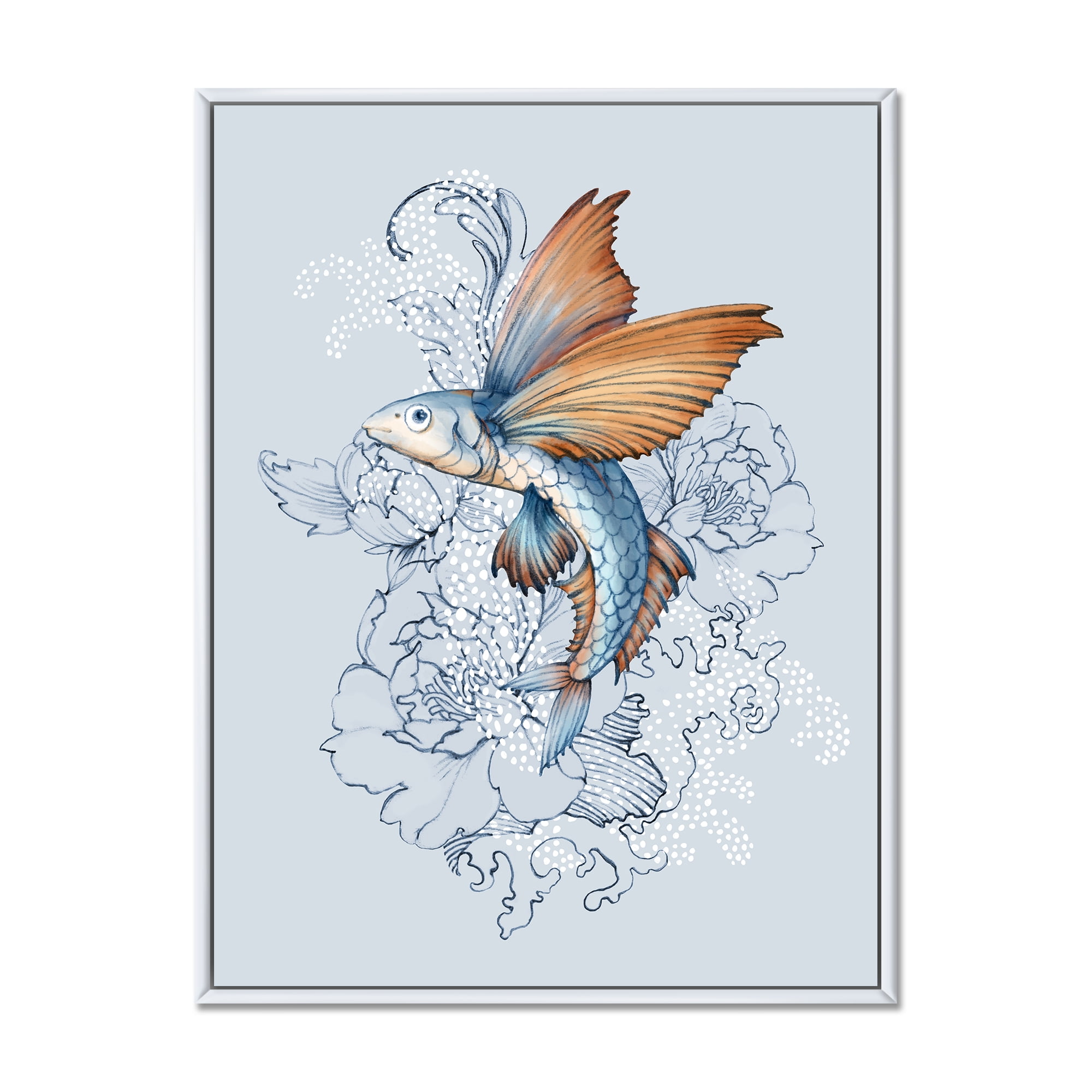 Designart 'Flying Fish and Peonies' Traditional Framed Canvas Wall Art Print