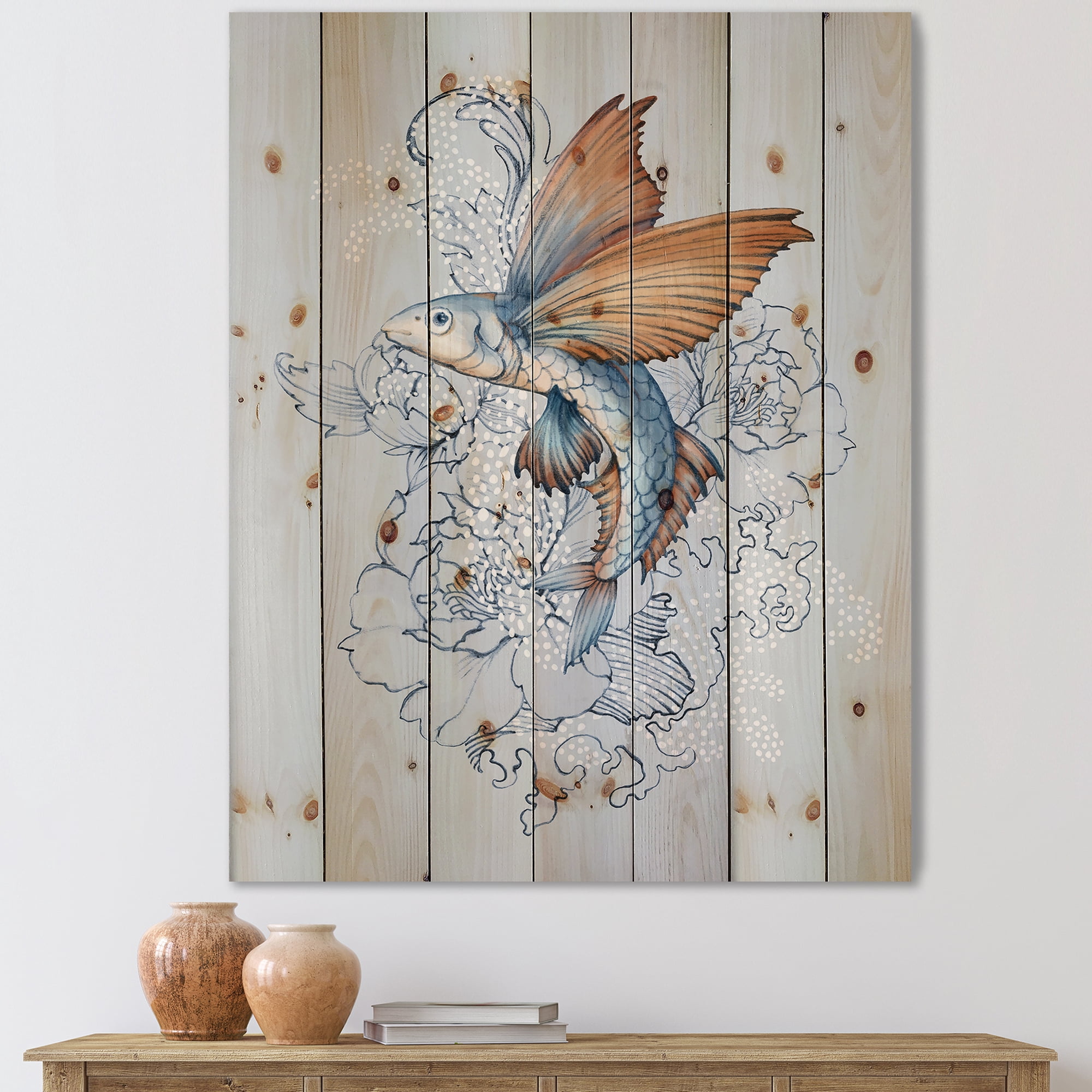 Designart 'Flying Fish and Peonies' Traditional Print on Natural Pine Wood