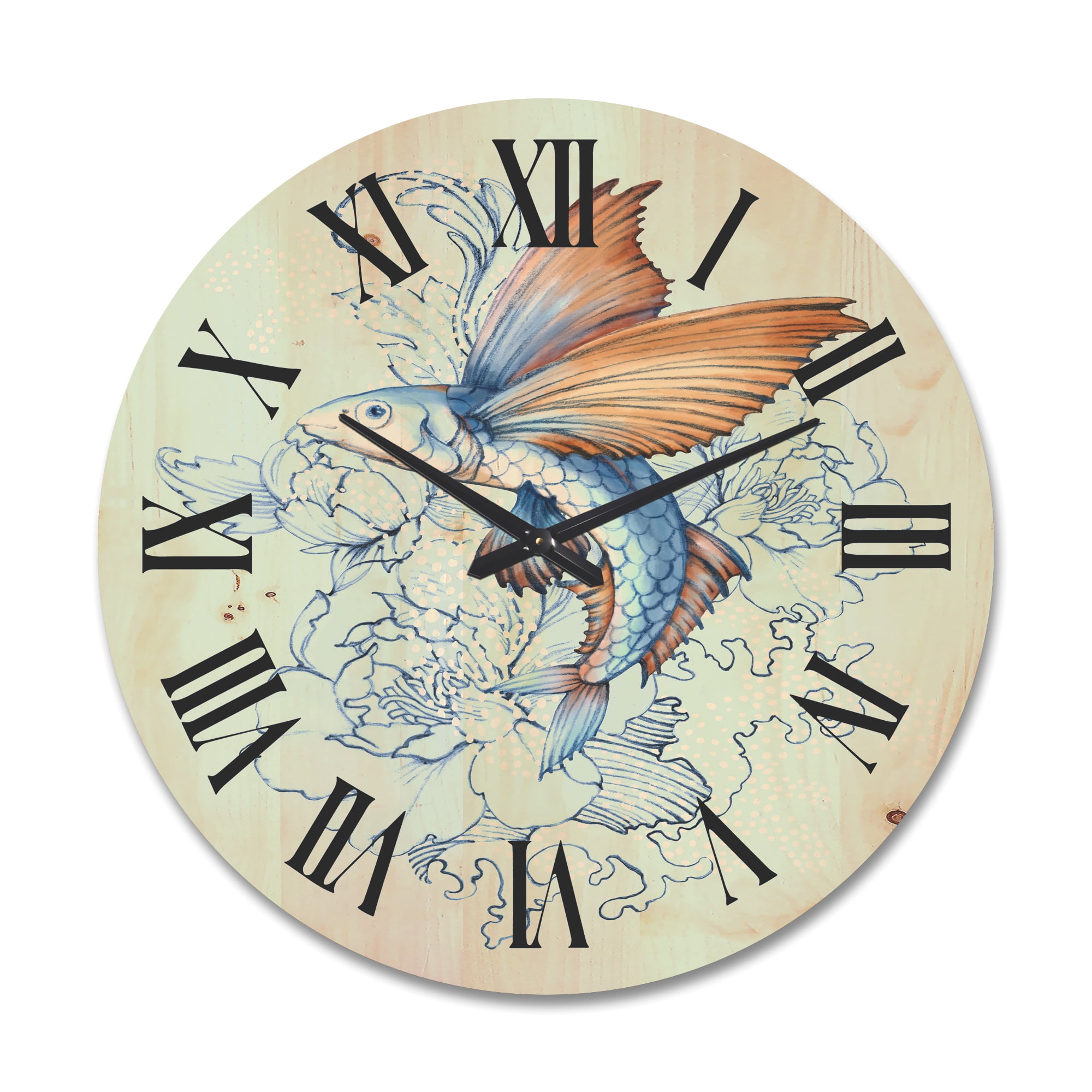 Designart 'Flying Fish and Peonies' Traditional Wood Wall Clock