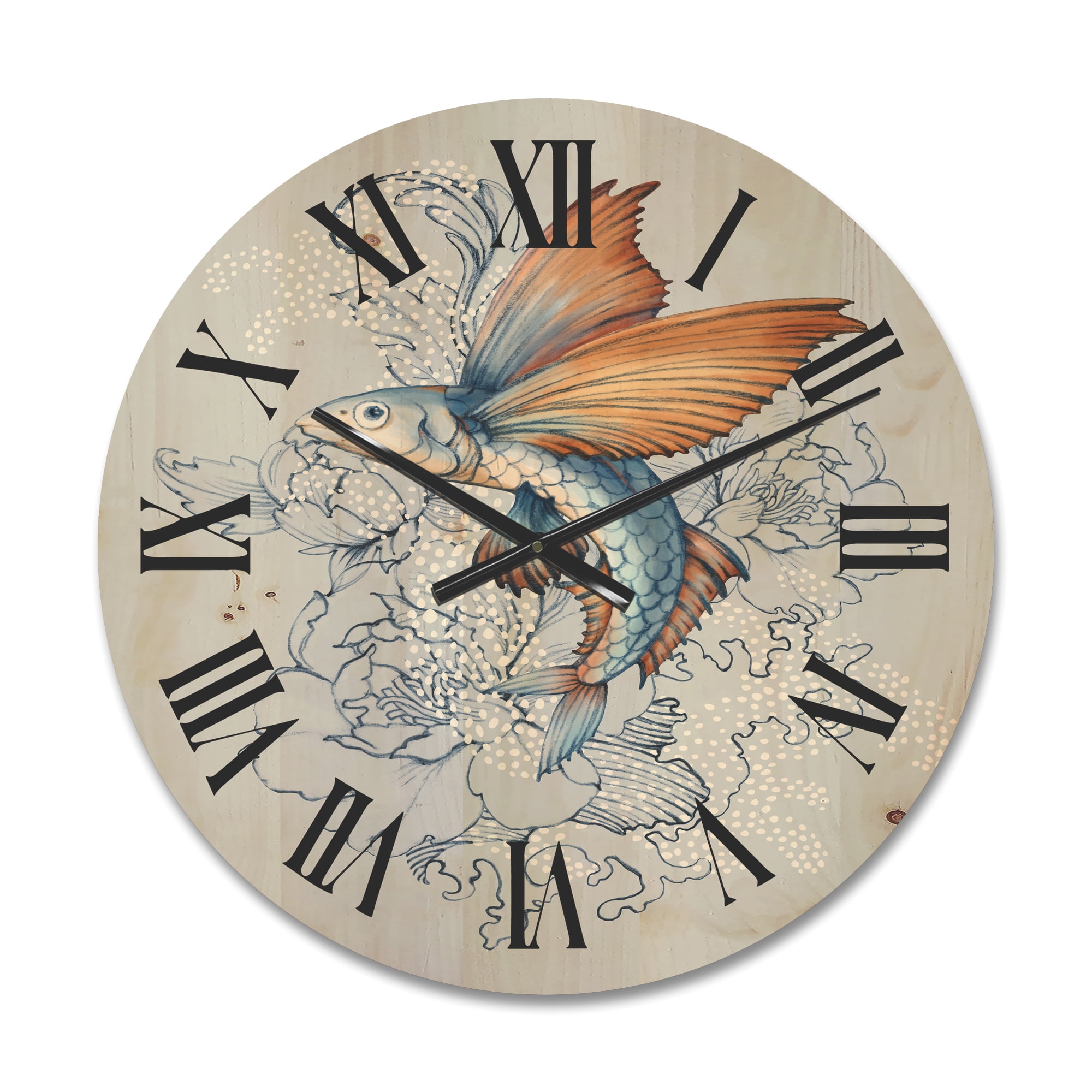 Designart 'Flying Fish and Peonies' Traditional Wood Wall Clock