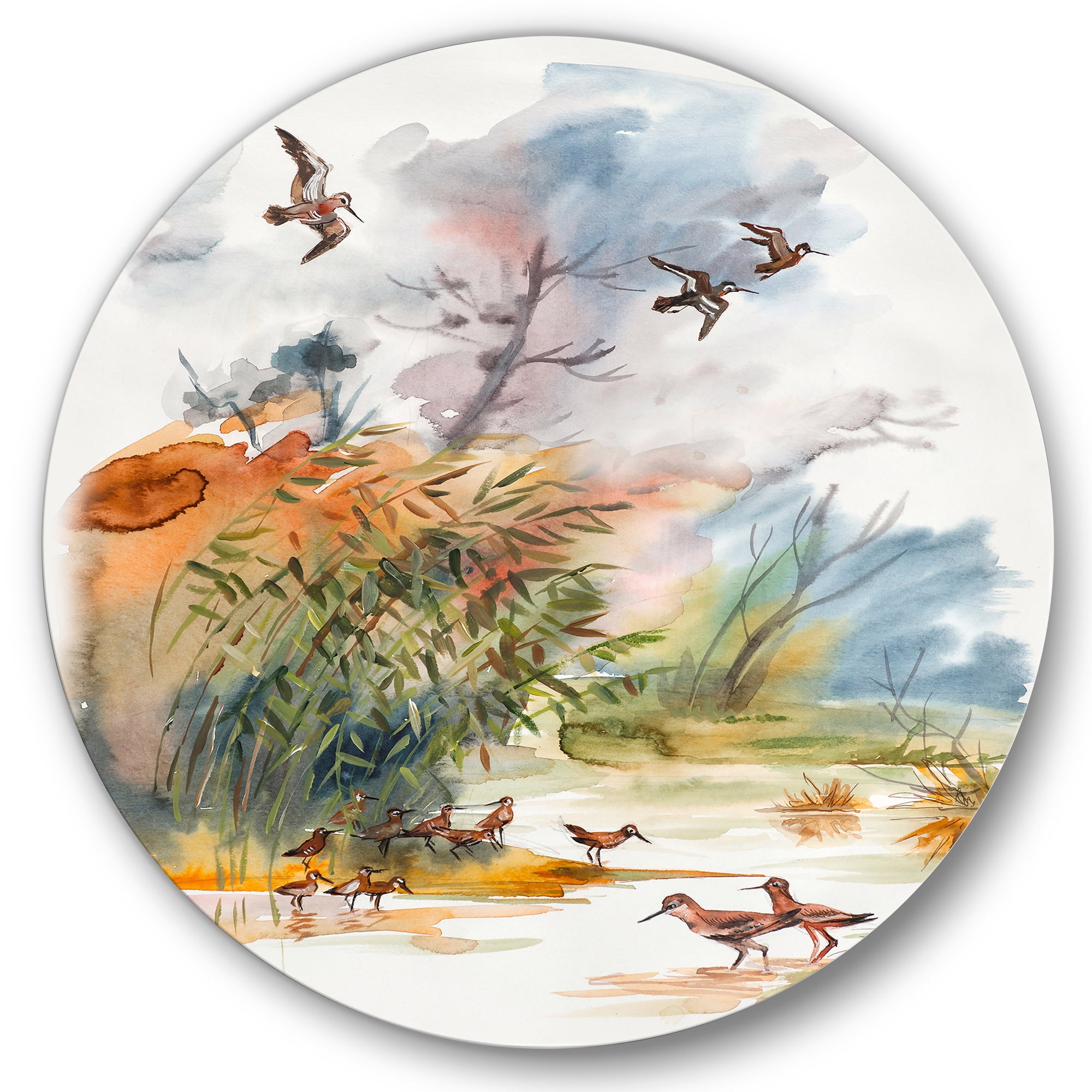 Designart 'Flying Over The Water With Autumn Landscape' Traditional Circle Metal Wall Art 29x29 - Disc of 29
